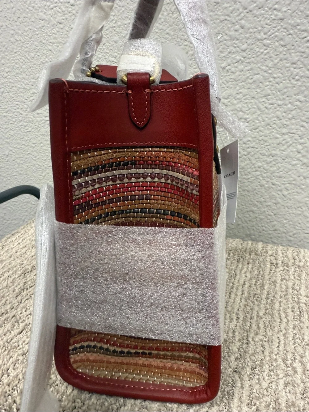 Coach Red Leather-Trim Up-Woven Stripe Tote - Picture 5 of 11